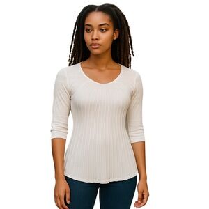 AldoMartins‎ White Ribbed 3/4 Sleeve Scoop Neck Knit Sweater Bamboo Cotton US 4